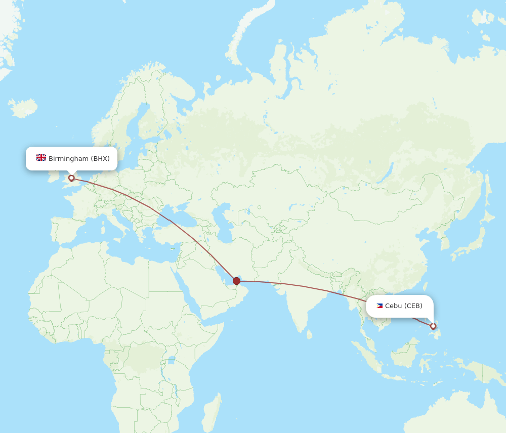 Cebu City - Birmingham route map and flight paths
