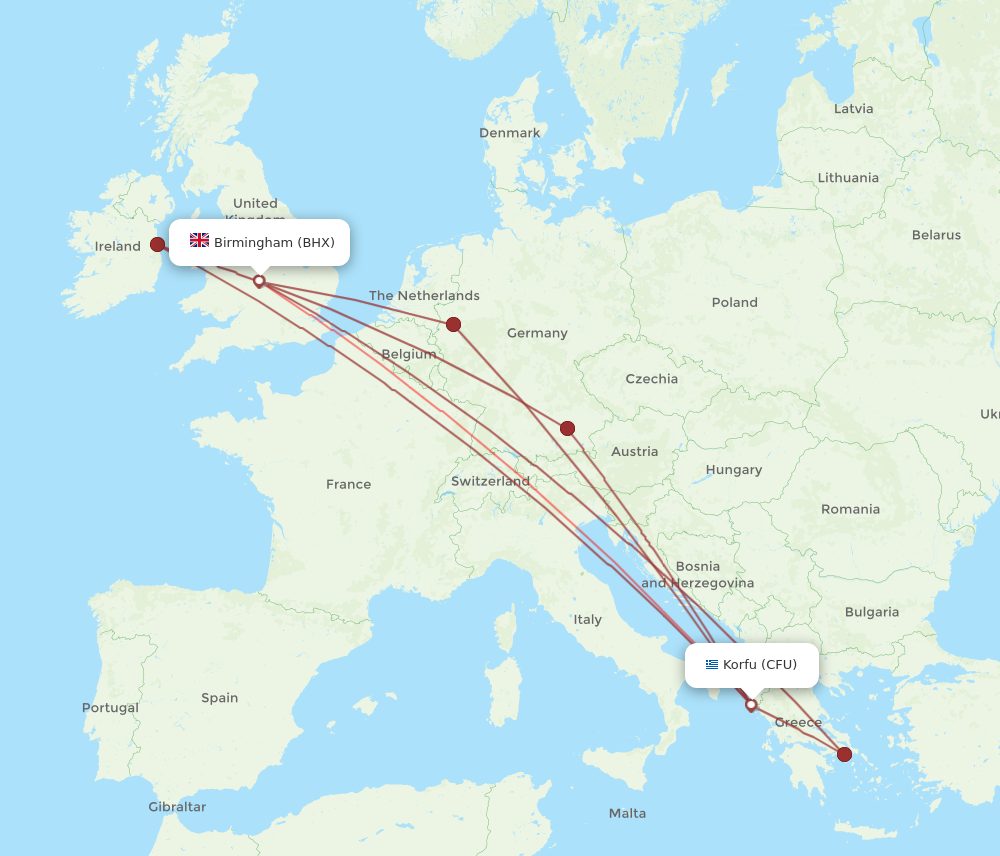 BHX to CFU flights and routes map