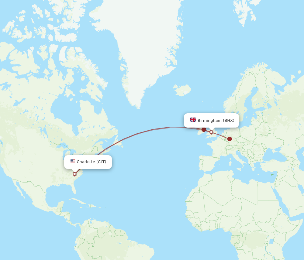 BHX to CLT flights and routes map