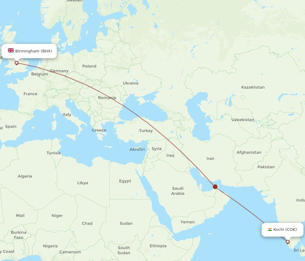 BHX-COK flight routes