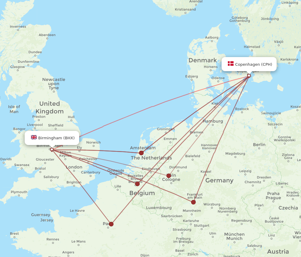 BHX to CPH flights and routes map
