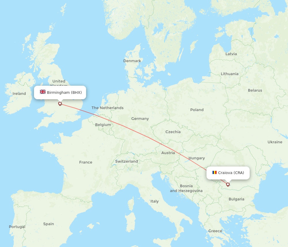 Birmingham - Craiova route map and flight paths