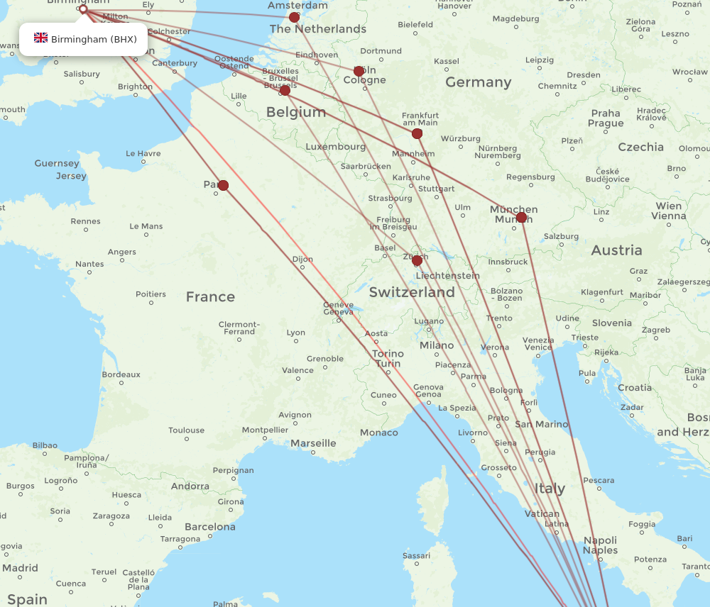 BHX to CTA flights and routes map