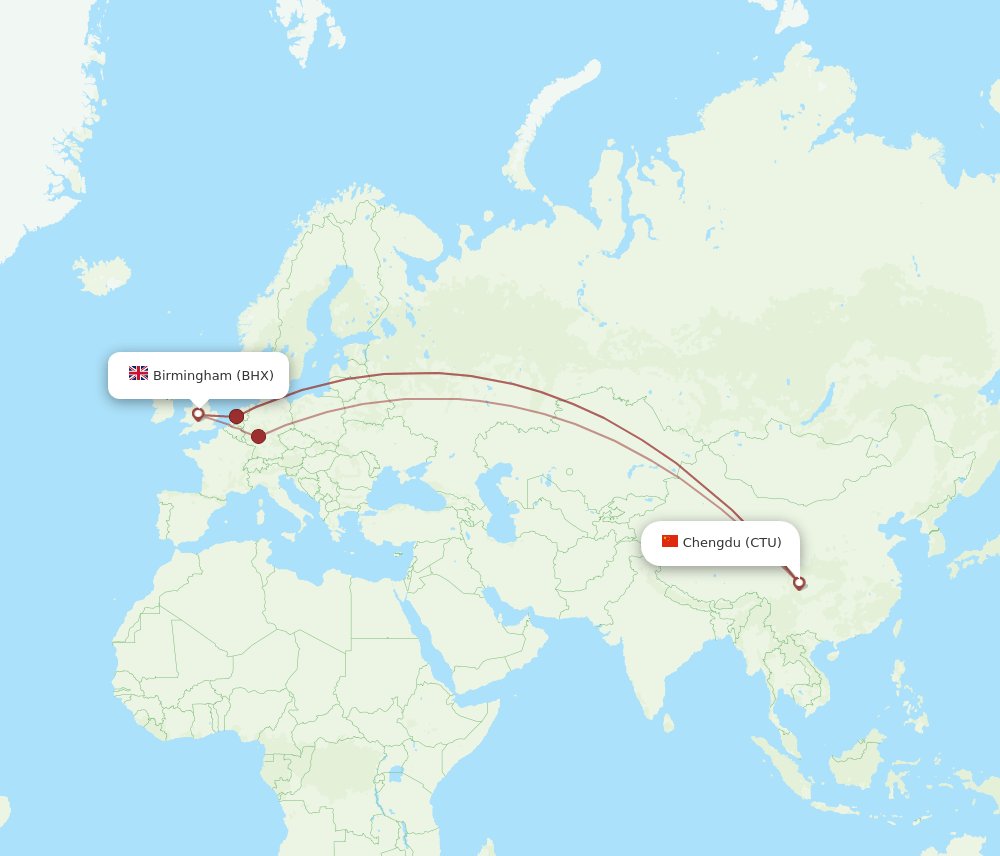 BHX to CTU flights and routes map