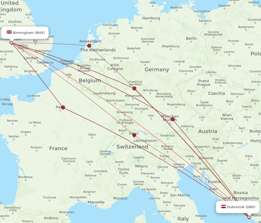 BHX to DBV flights and routes map