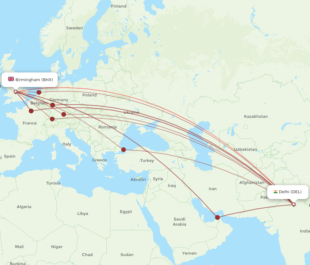BHX to DEL flights and routes map