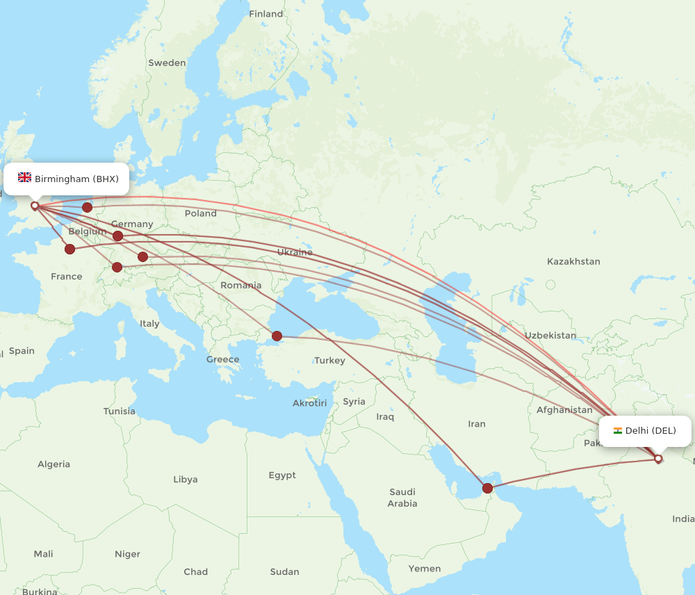 BHX-DEL flight routes