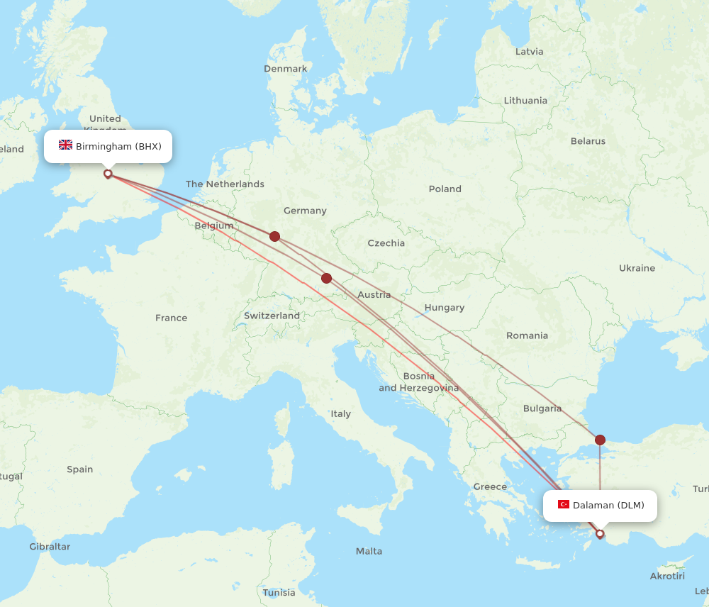 BHX to DLM flights and routes map