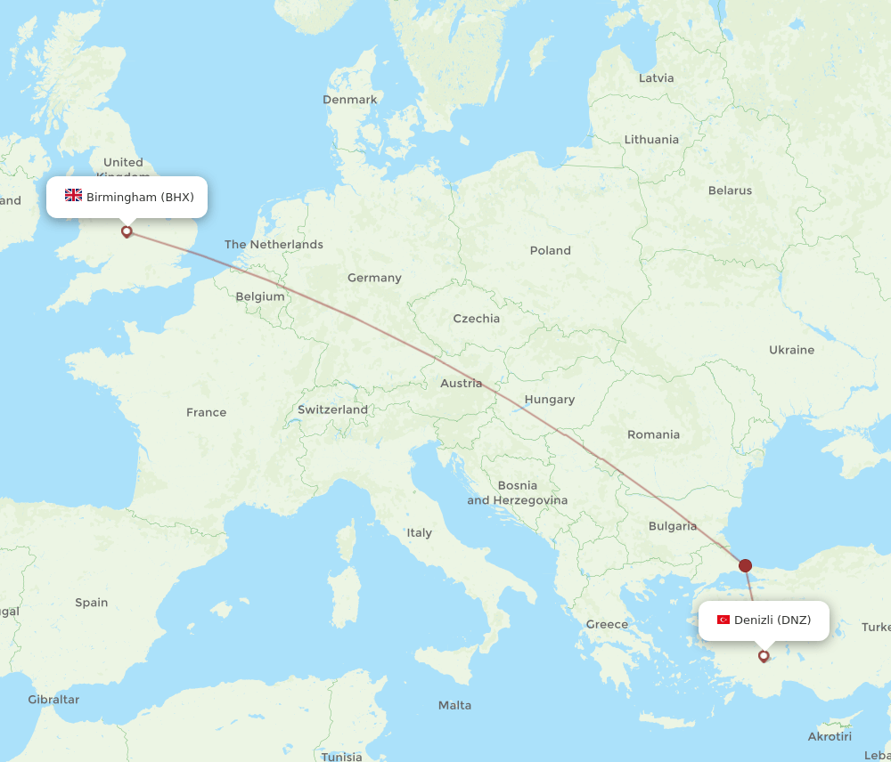 BHX-DNZ flight routes