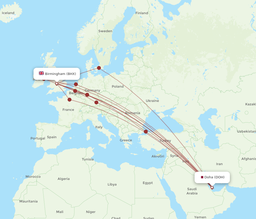 BHX to DOH flights and routes map