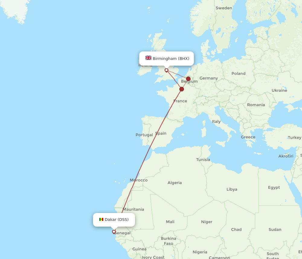 BHX to DSS flights and routes map
