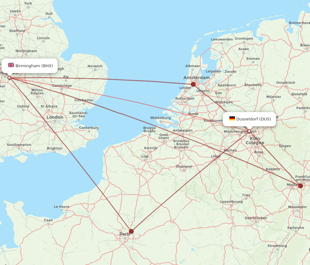 BHX to DUS flights and routes map