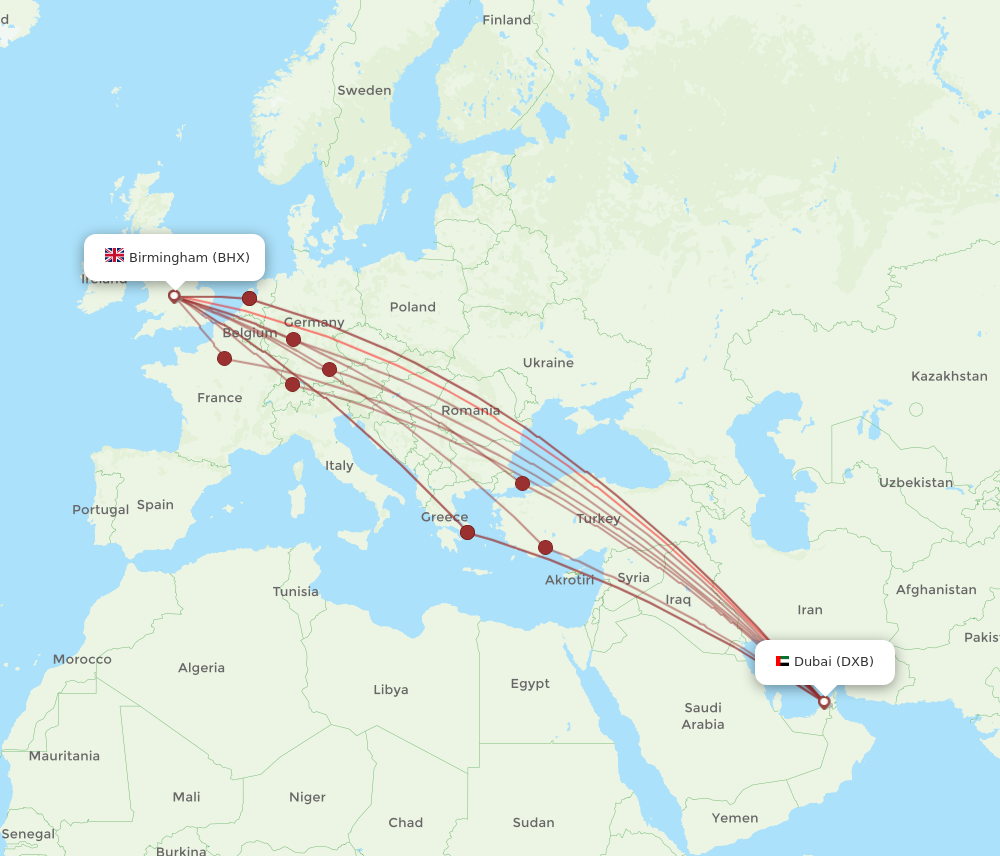 BHX to DXB flights and routes map