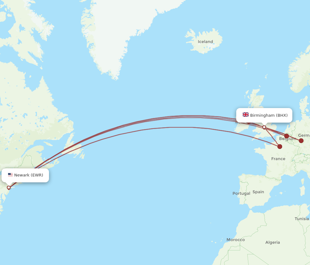 BHX to EWR flights and routes map