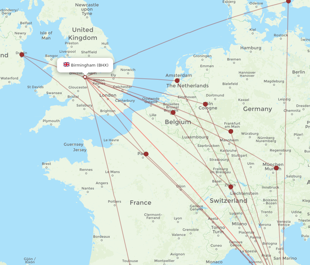 BHX to FCO flights and routes map