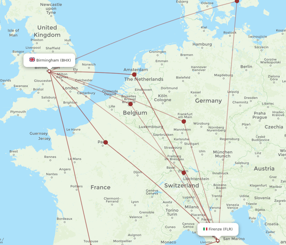 BHX to FLR flights and routes map