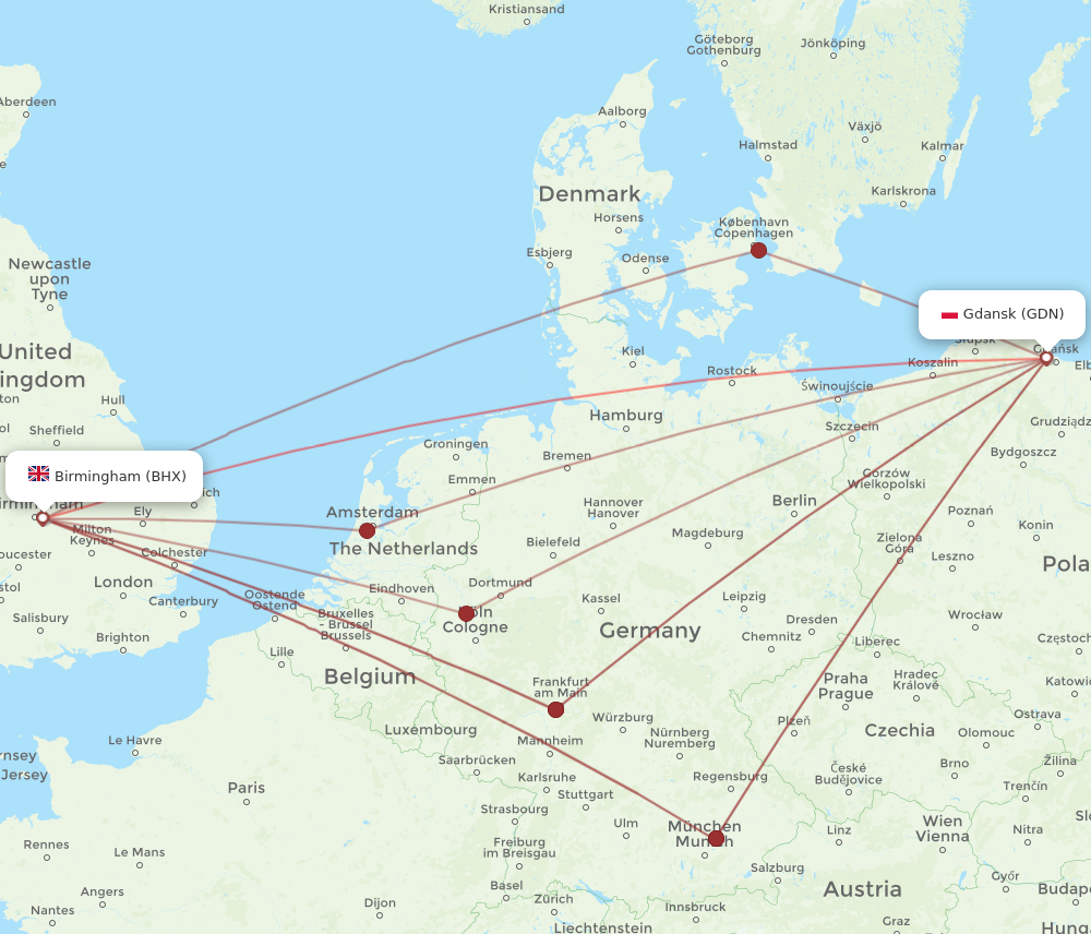BHX to GDN flights and routes map