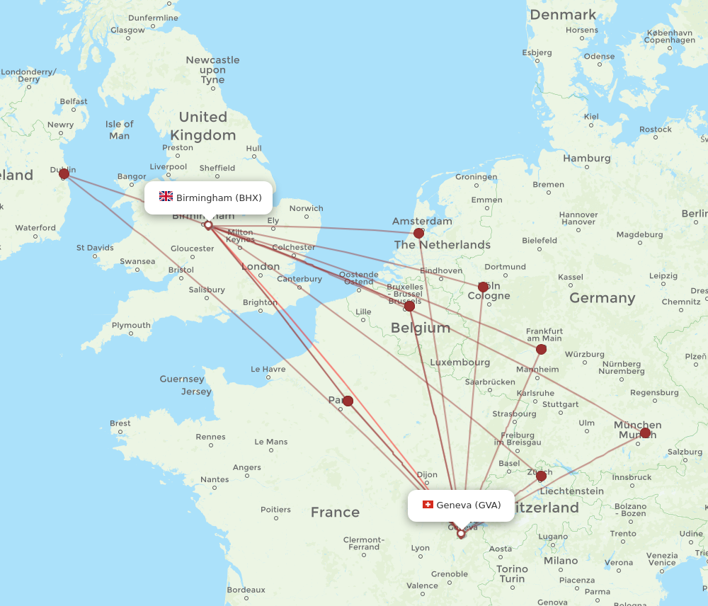 BHX to GVA flights and routes map