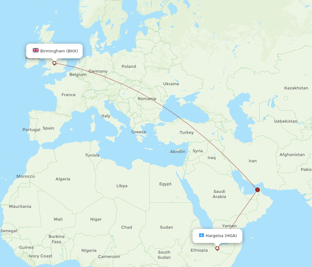 BHX to HGA flights and routes map
