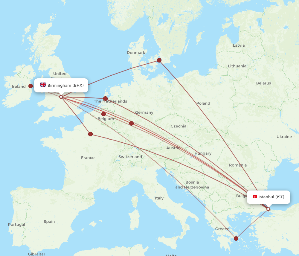 BHX to IST flights and routes map