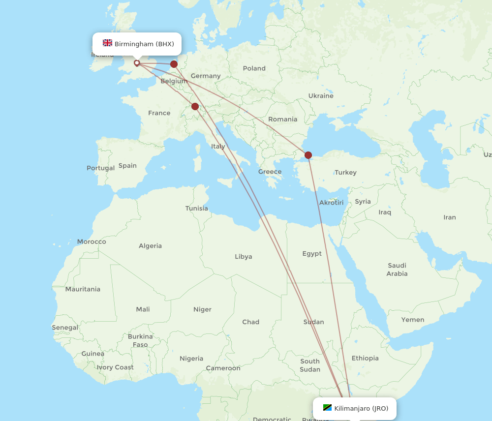 BHX to JRO flights and routes map
