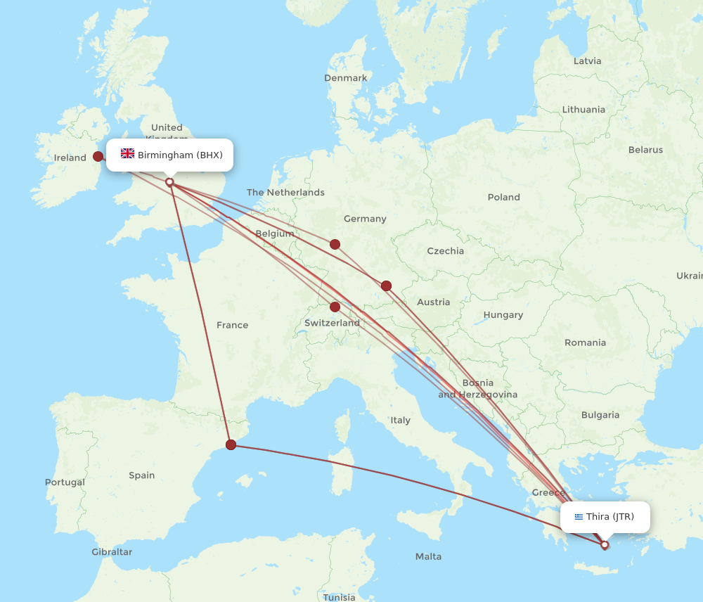 BHX to JTR flights and routes map