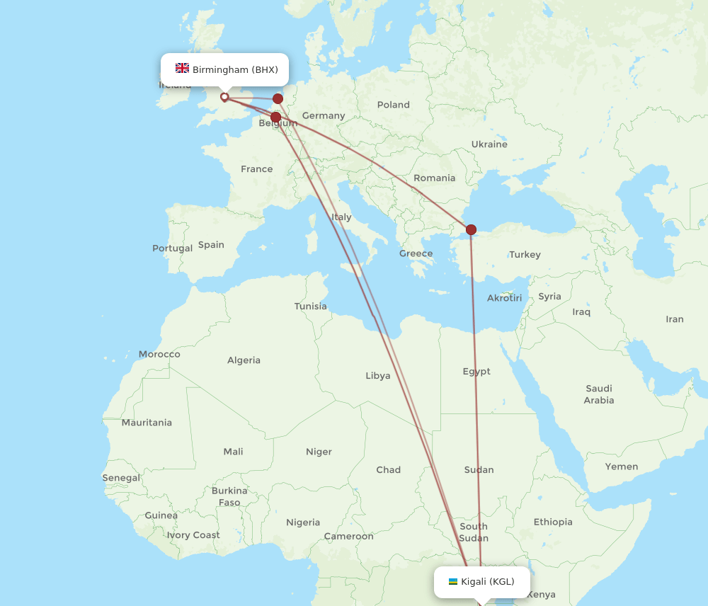 BHX-KGL flight routes