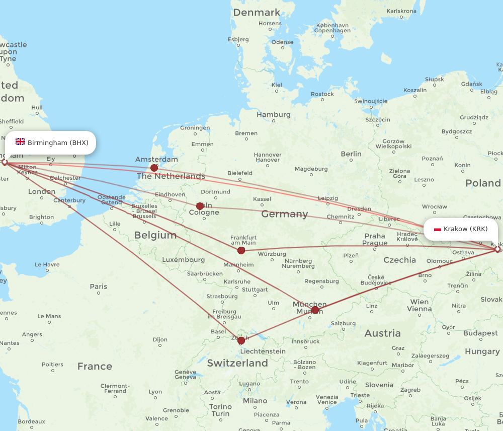 BHX to KRK flights and routes map