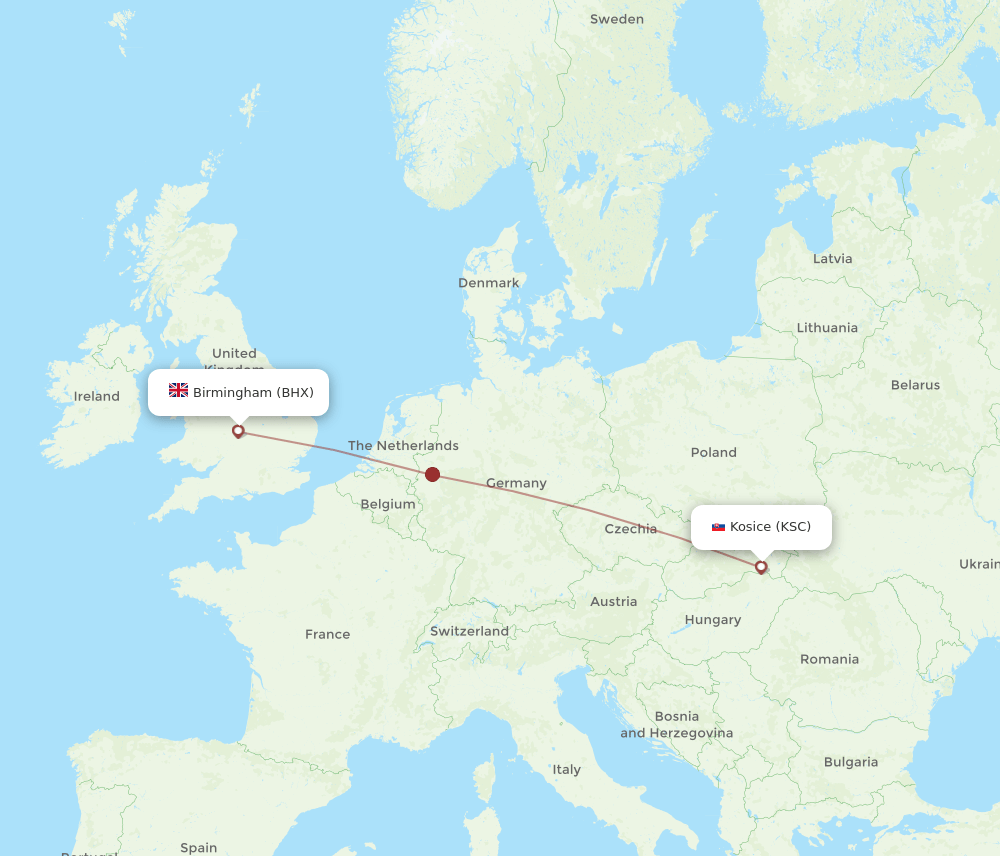 BHX to KSC flights and routes map