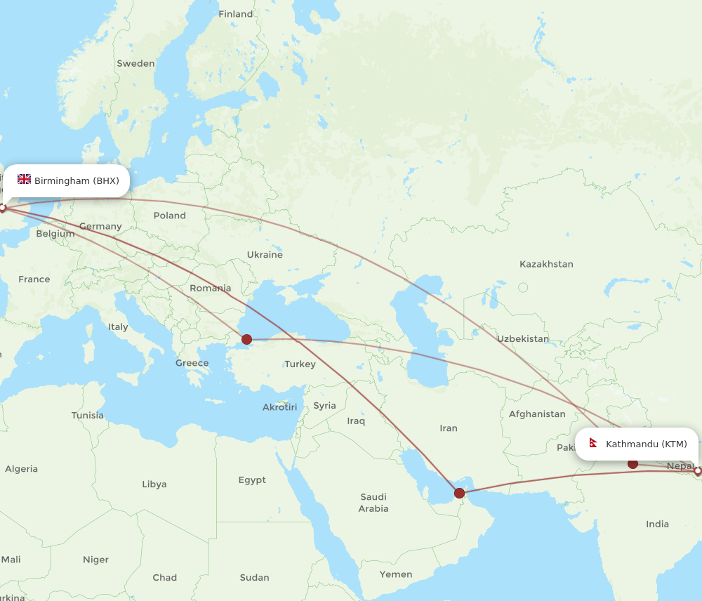 BHX-KTM flight routes