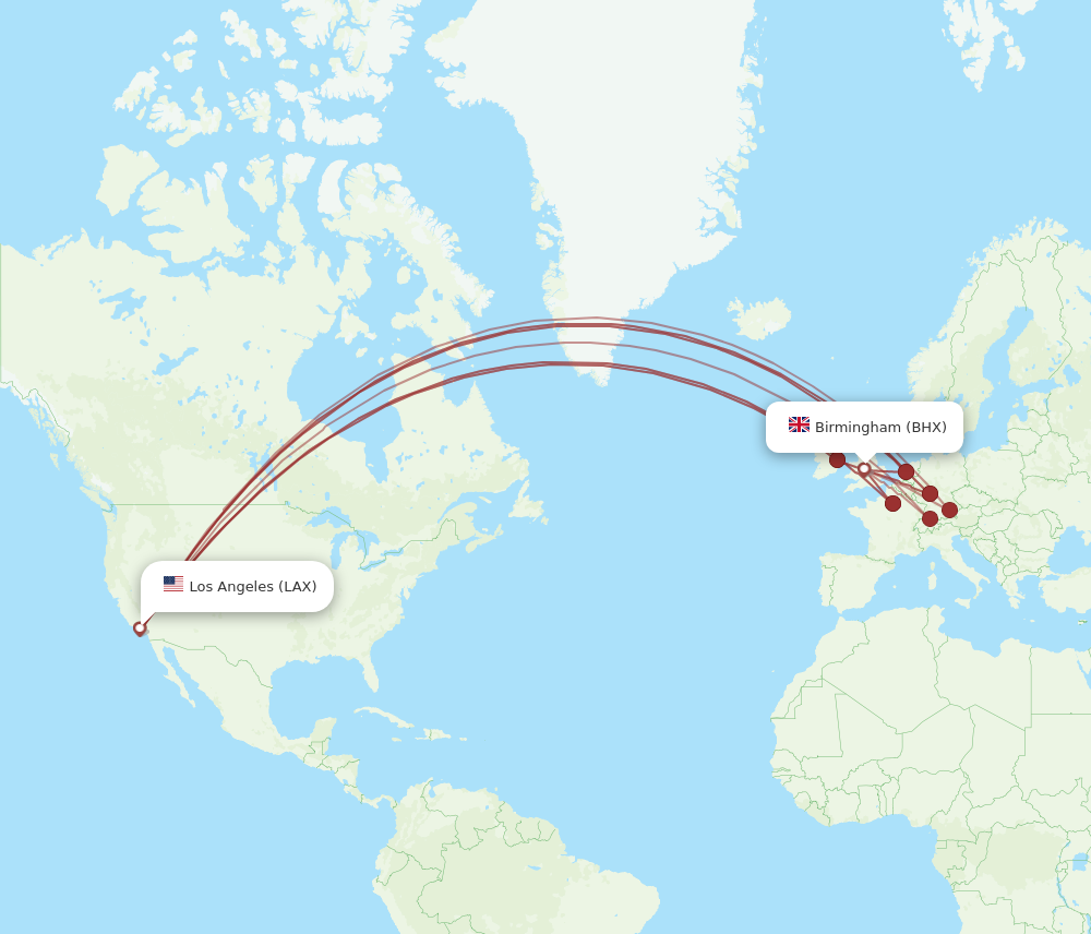 BHX to LAX flights and routes map
