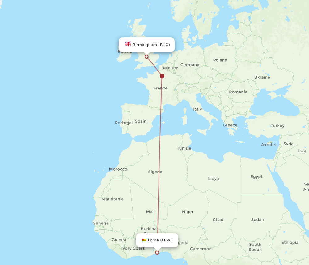 BHX to LFW flights and routes map