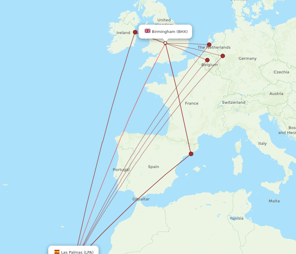 BHX to LPA flights and routes map