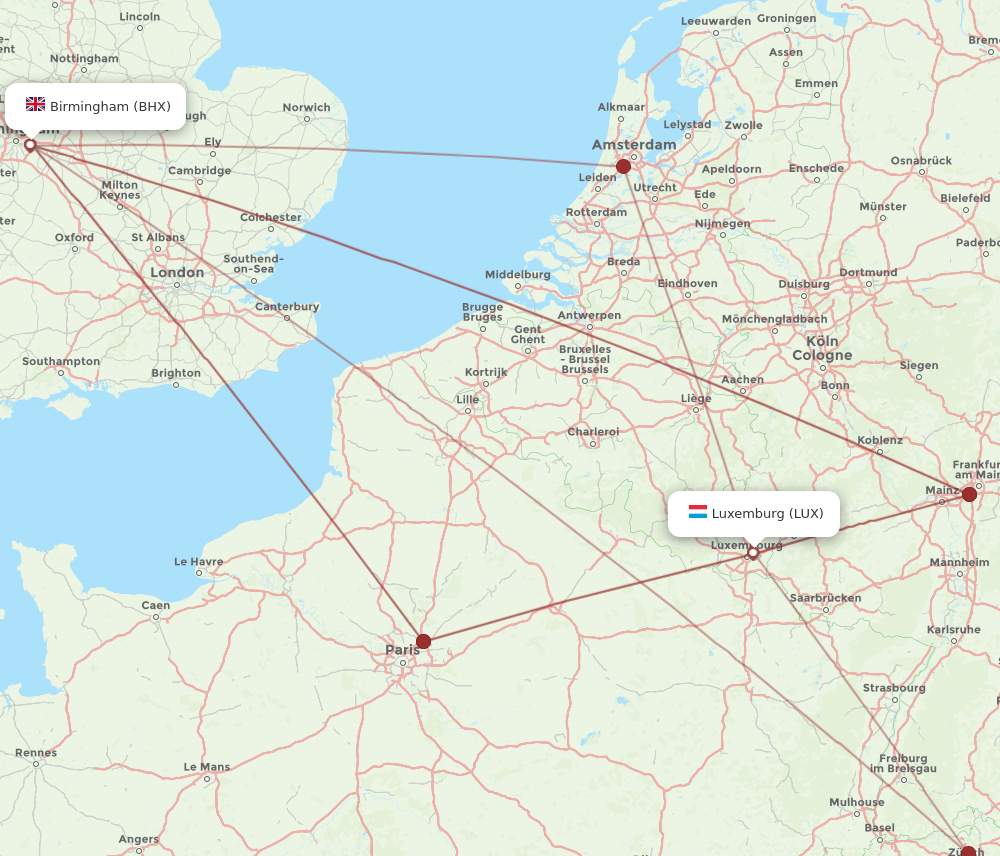 BHX to LUX flights and routes map