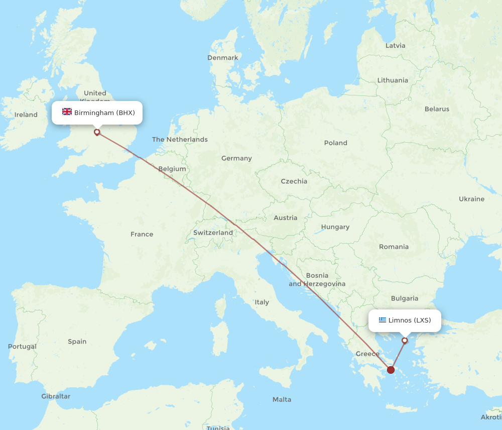 Birmingham - Limnos route map and flight paths