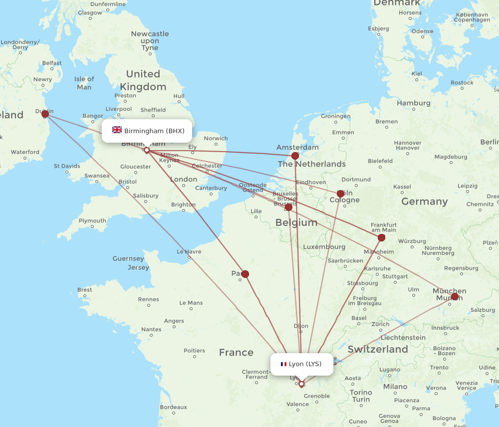 BHX to LYS flights and routes map