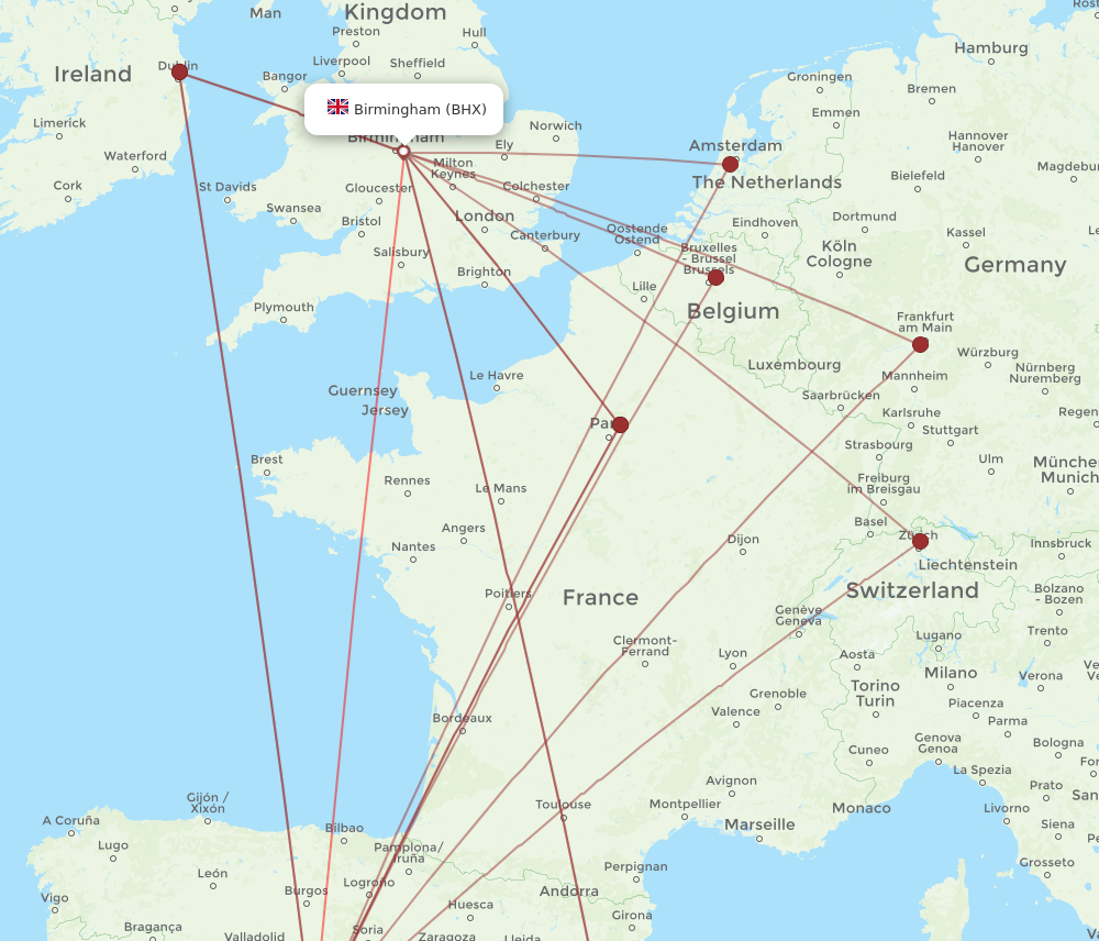 BHX to MAD flights and routes map