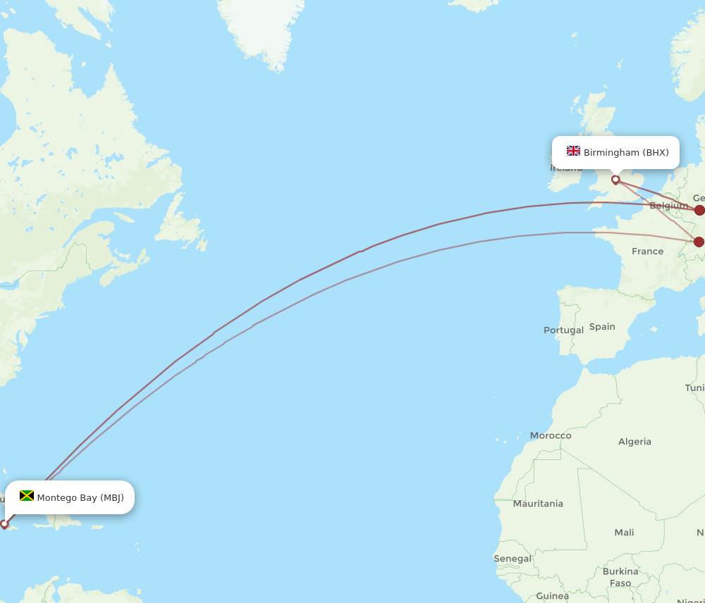 BHX to MBJ flights and routes map
