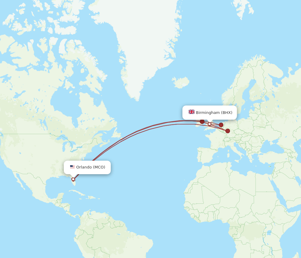 BHX to MCO flights and routes map