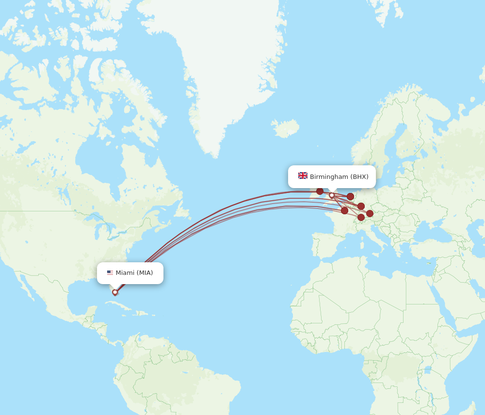 BHX to MIA flights and routes map
