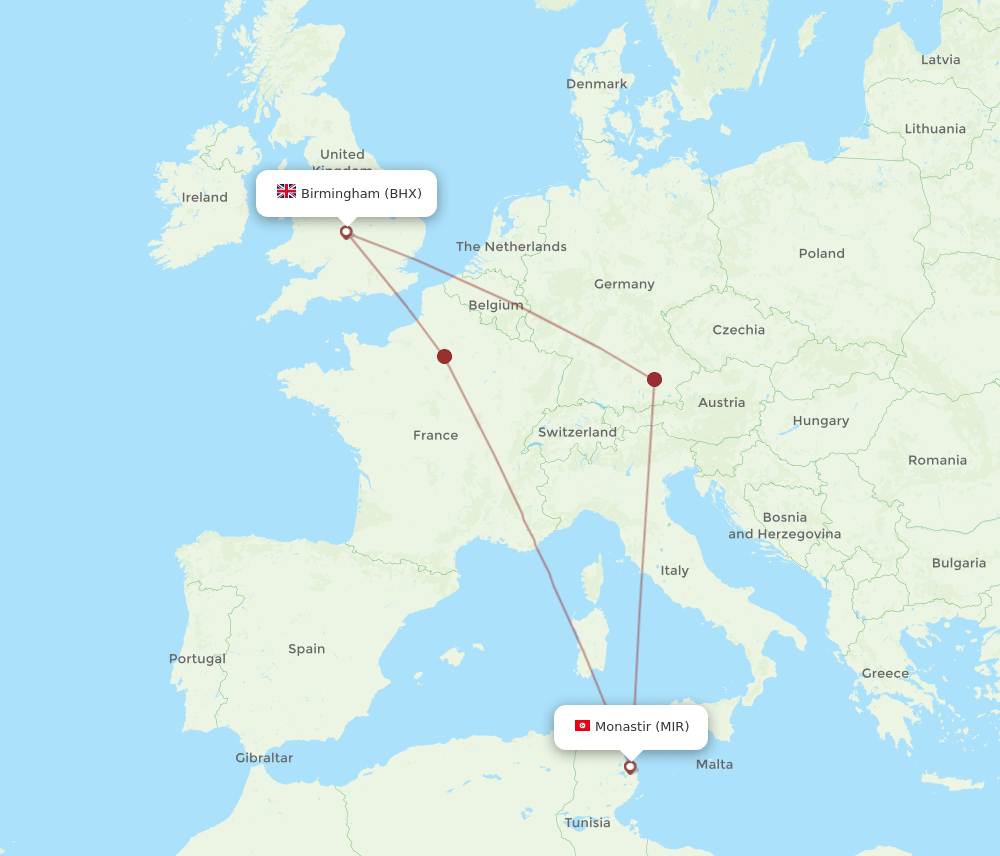 BHX-MIR flight routes
