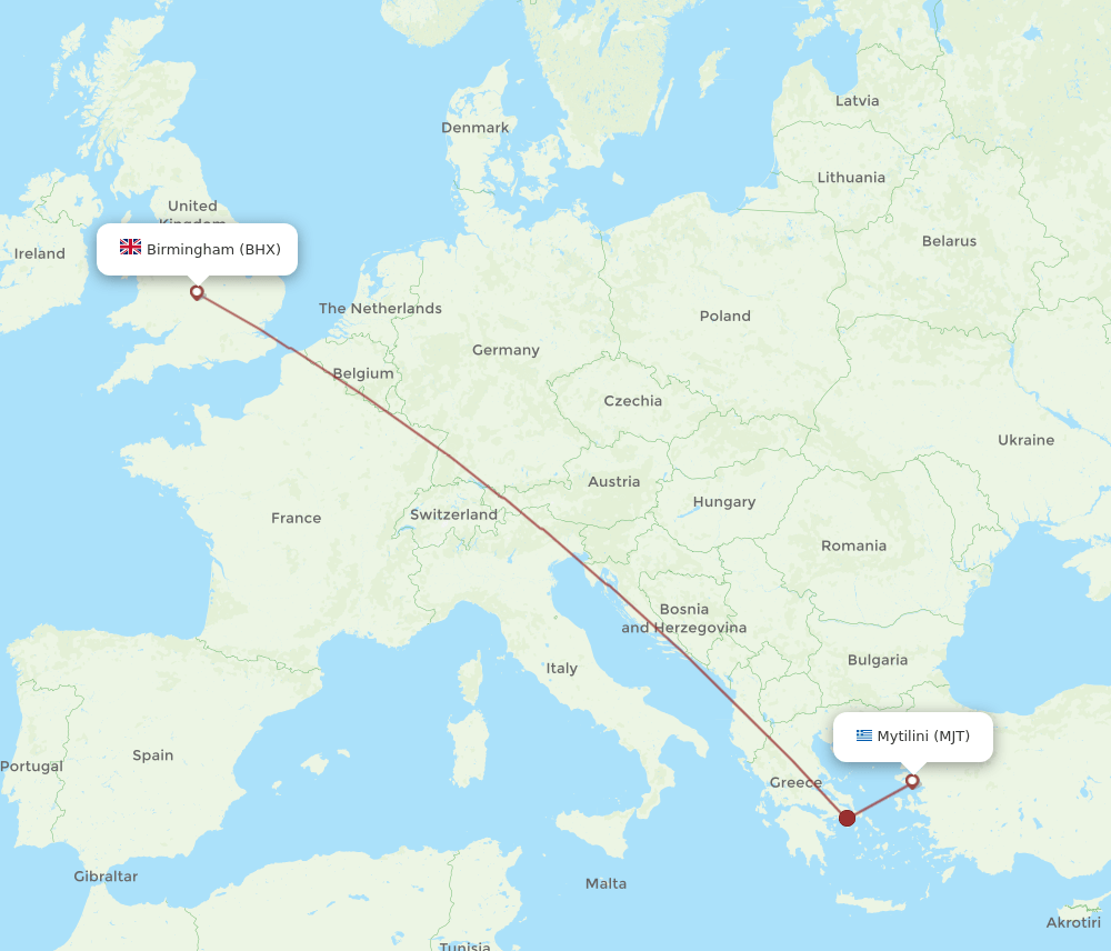 Mytilene - Birmingham route map and flight paths