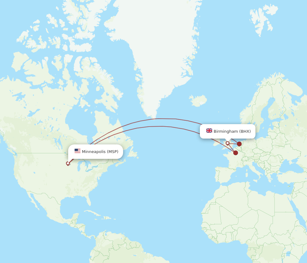 BHX to MSP flights and routes map