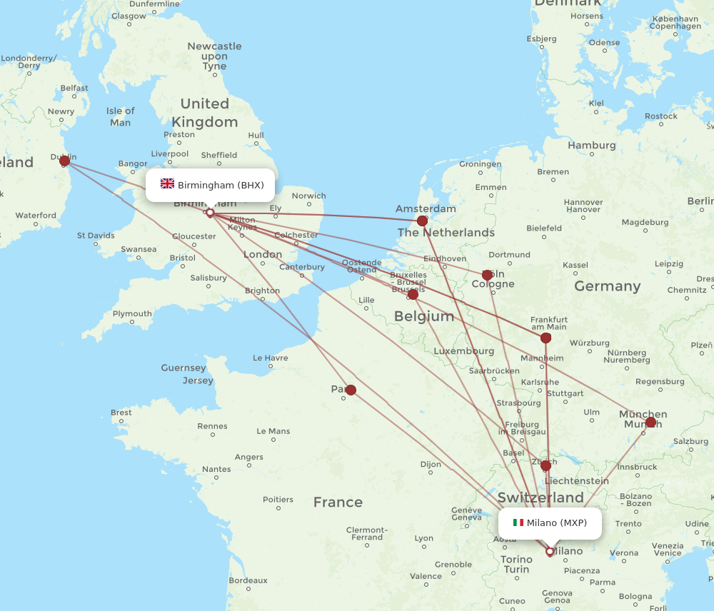 BHX to MXP flights and routes map