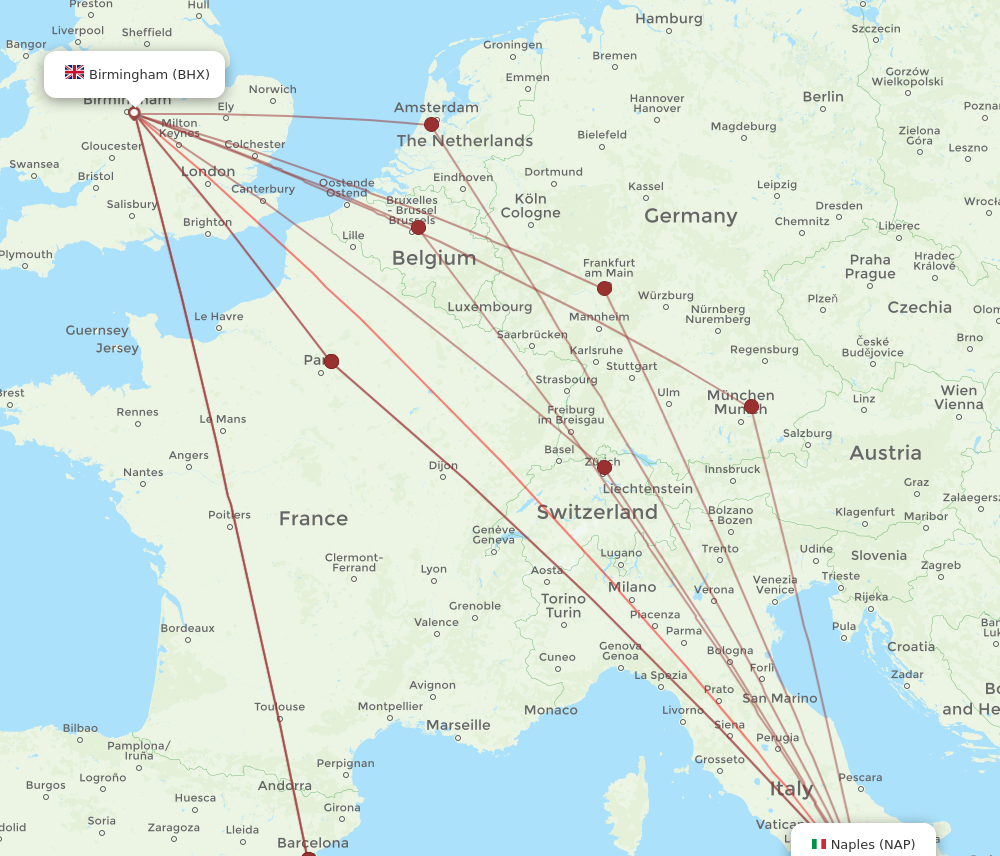 BHX to NAP flights and routes map