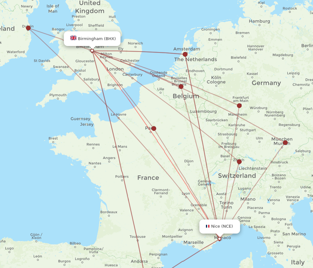 BHX to NCE flights and routes map