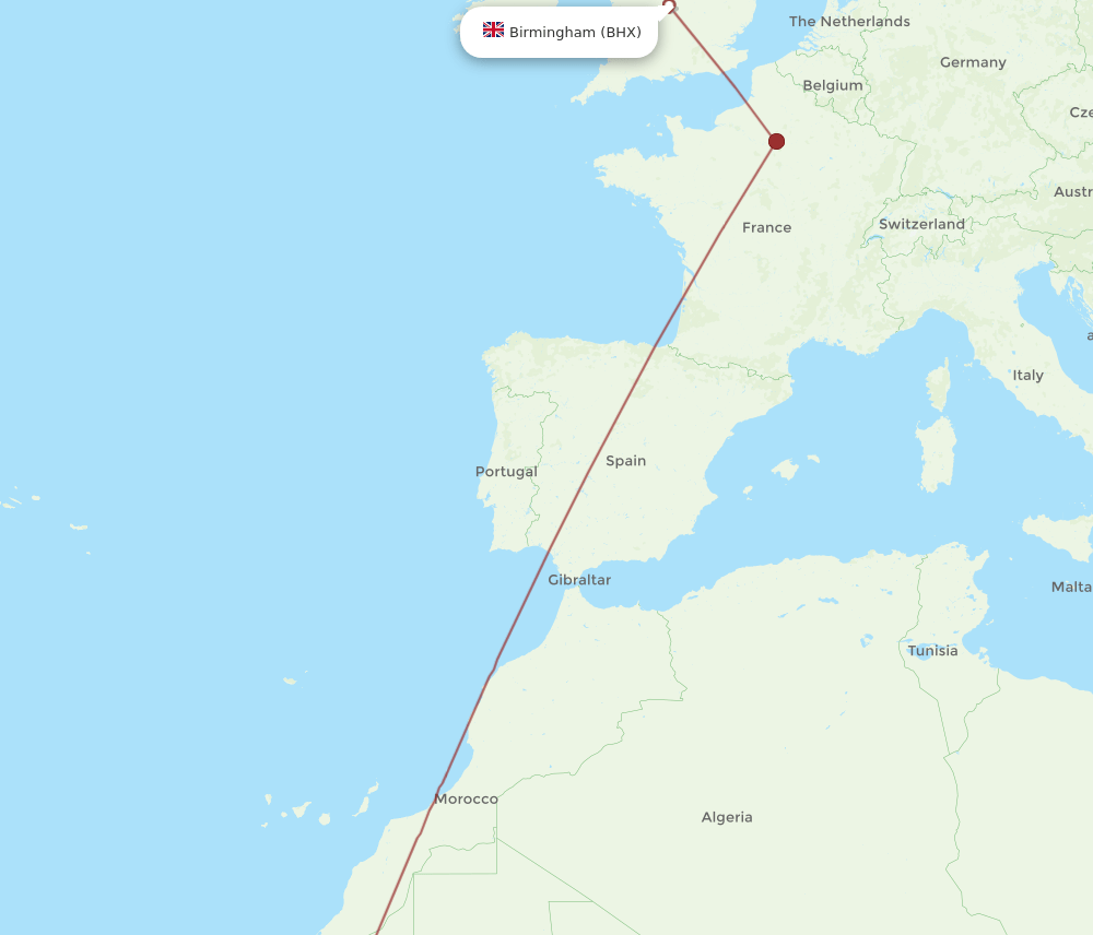 BHX to NKC flights and routes map