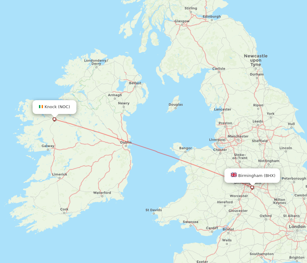 BHX to NOC flights and routes map