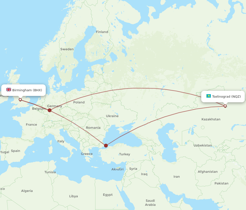 BHX-NQZ flight routes