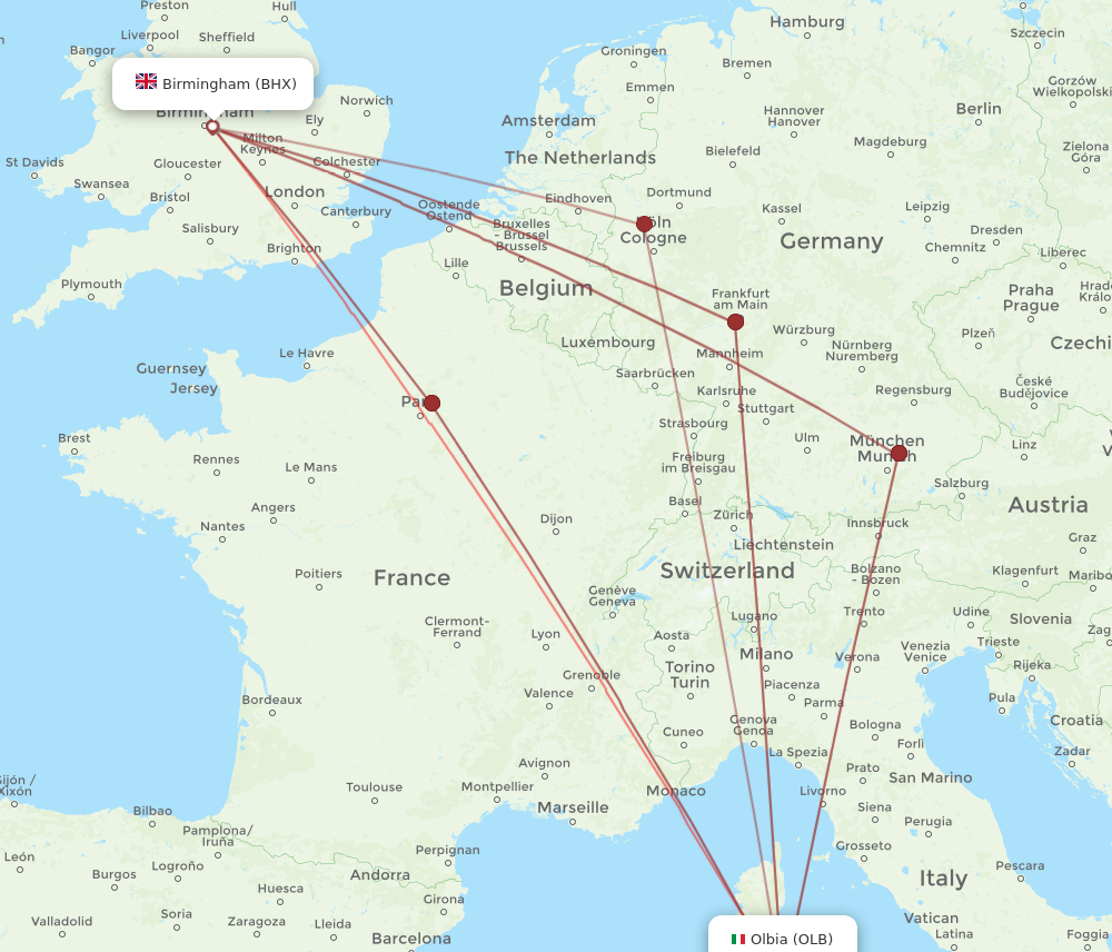 BHX to OLB flights and routes map
